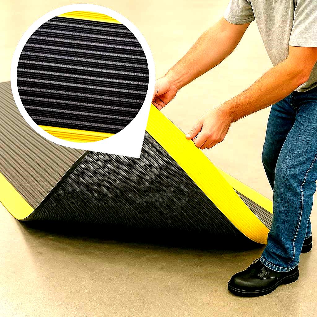 A worker installs a black anti-fatigue noise reducing mat, highlighting the ribbed non-slip surface and the high-visibility yellow safety borders. The image shows the thickness of the durable PVC foam cushioned mat, ideal for workstations and garages.