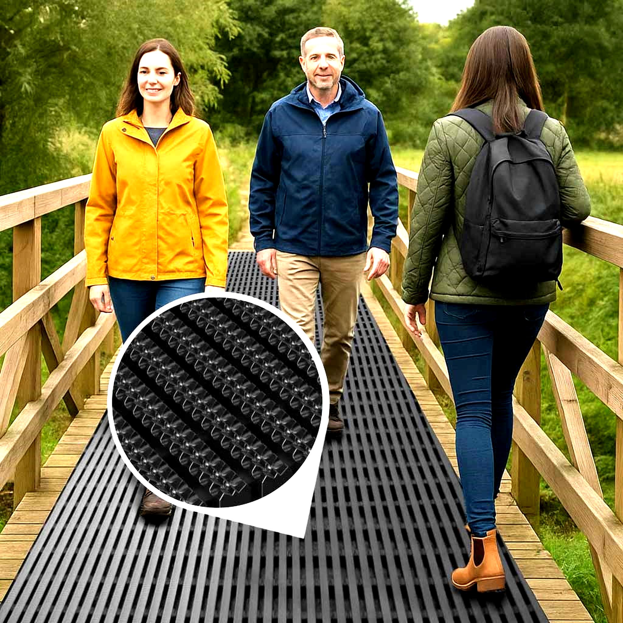 Anti-Fatigue Anti-Slip Wet Area Mat made of Heavy Duty Rubber. Slip-Resistant Comfort Flooring shown with three people walking on it across an outdoor bridge path.