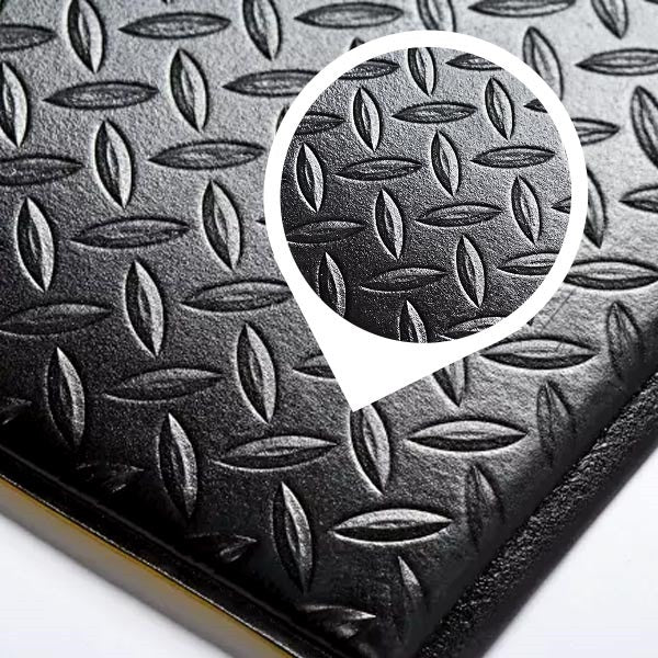 Anti-Fatigue Mat – Slip-Resistant, Heavy-Duty Ribbed PVC Foam Matting for Workspaces & Decks
A rectangular, single product shot of a dark grey anti-fatigue mat on a white background. The mat features five large, horizontal, raised ribs with a fine, parallel linear pattern in the troughs, creating a highly slip-resistant surface. This image showcases the design of the heavy-duty PVC foam matting for comfort and safety in workspaces and wet & dry areas.