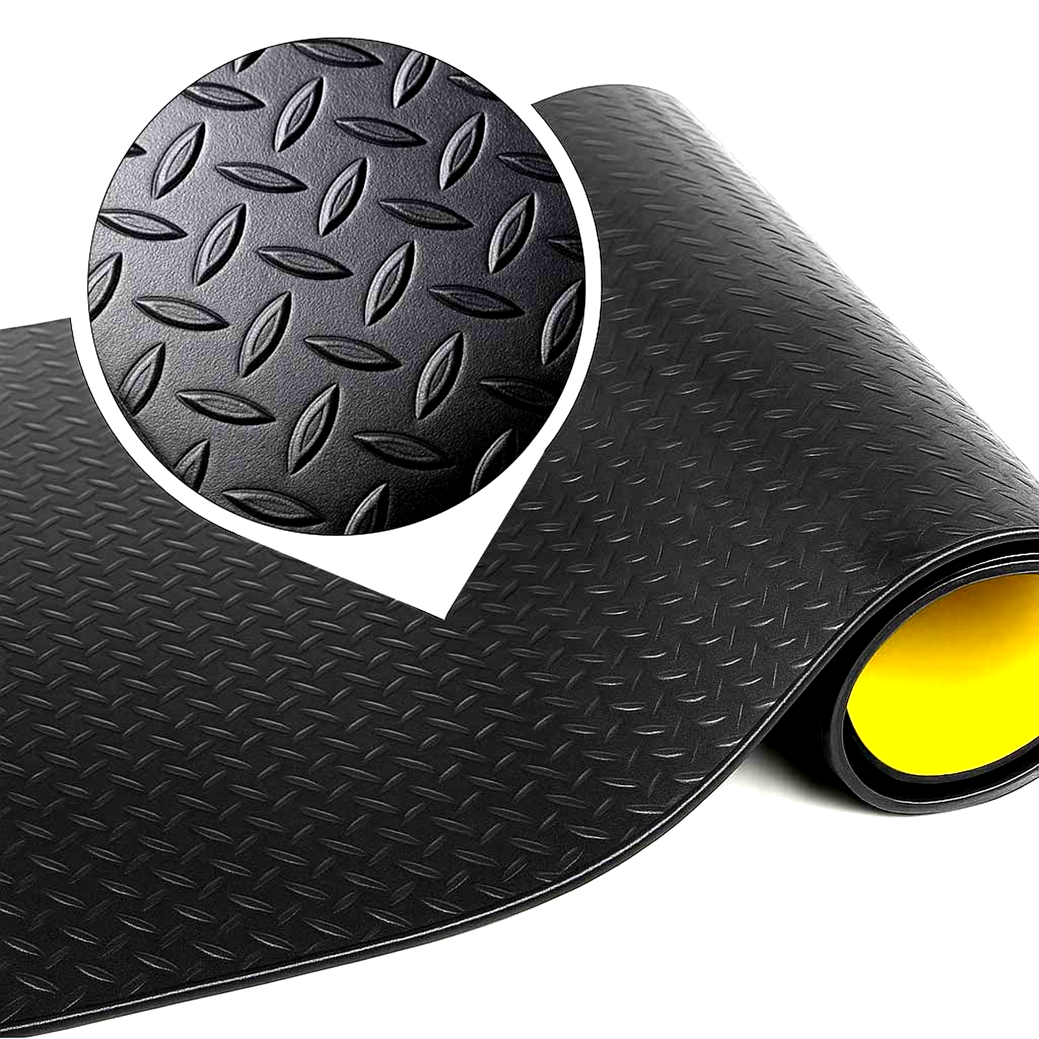 Anti-Fatigue Mat – Slip-Resistant, PVC Foam Matting for Wet & Dry Areas – Comfort & Safety for Workspaces & Decks
A large roll of black, diamond-plate pattern anti-fatigue matting is shown, partially unrolled, with the bright yellow foam backing visible at the core. A circular inset clearly magnifies the slip-resistant, diamond/checker-plate texture of the PVC foam matting. This image highlights the comfort and safety solution for workspaces, decks, and wet & dry areas.