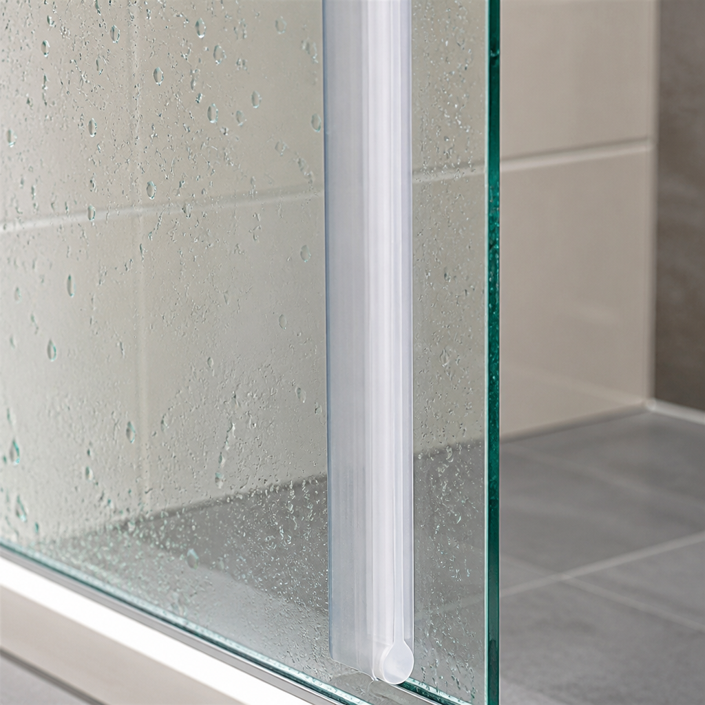 Frosted white bulb-edge seal fitted to a wet glass shower door, tiled surround visible behind.