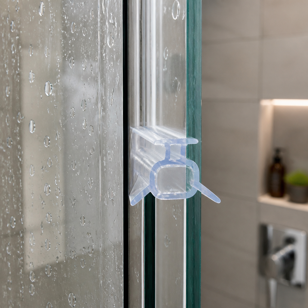 Lilac-tinted seal fitted at a shower door edge, bathroom shelf with bottles behind.
