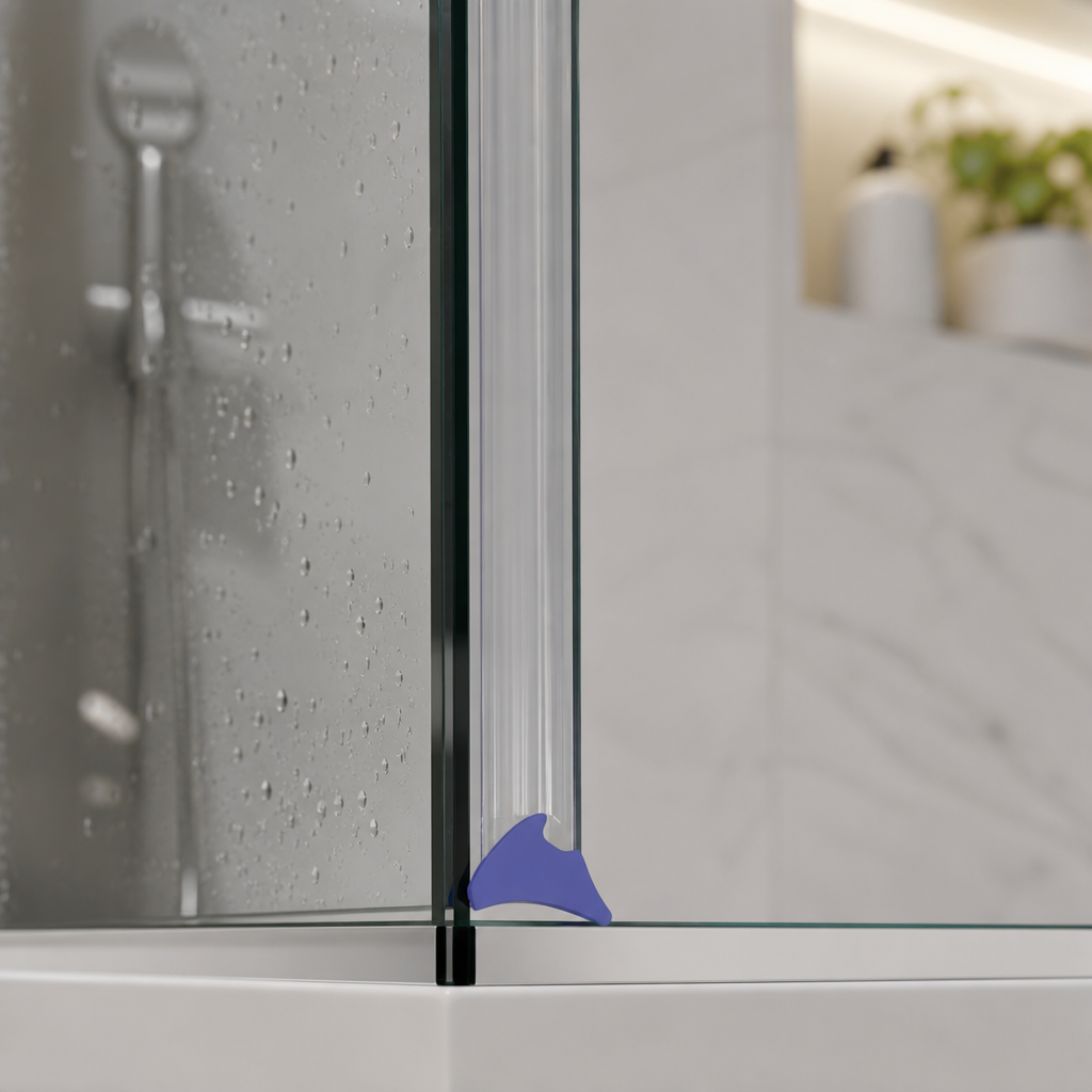 Blue-highlighted wedge seal fitted at a glass shower corner, plants on the shelf behind.