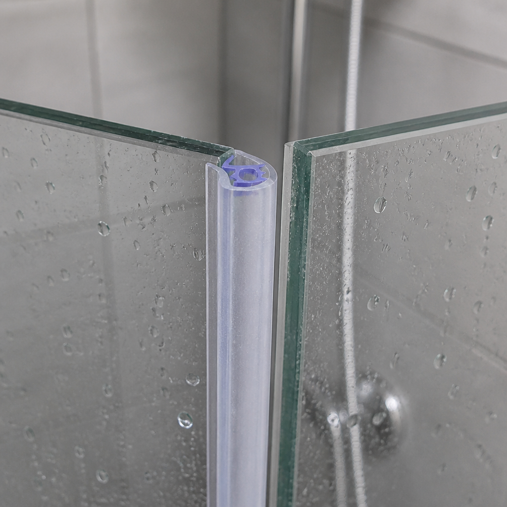 Blue-outlined seal fitted at a glass shower corner where two panels meet.