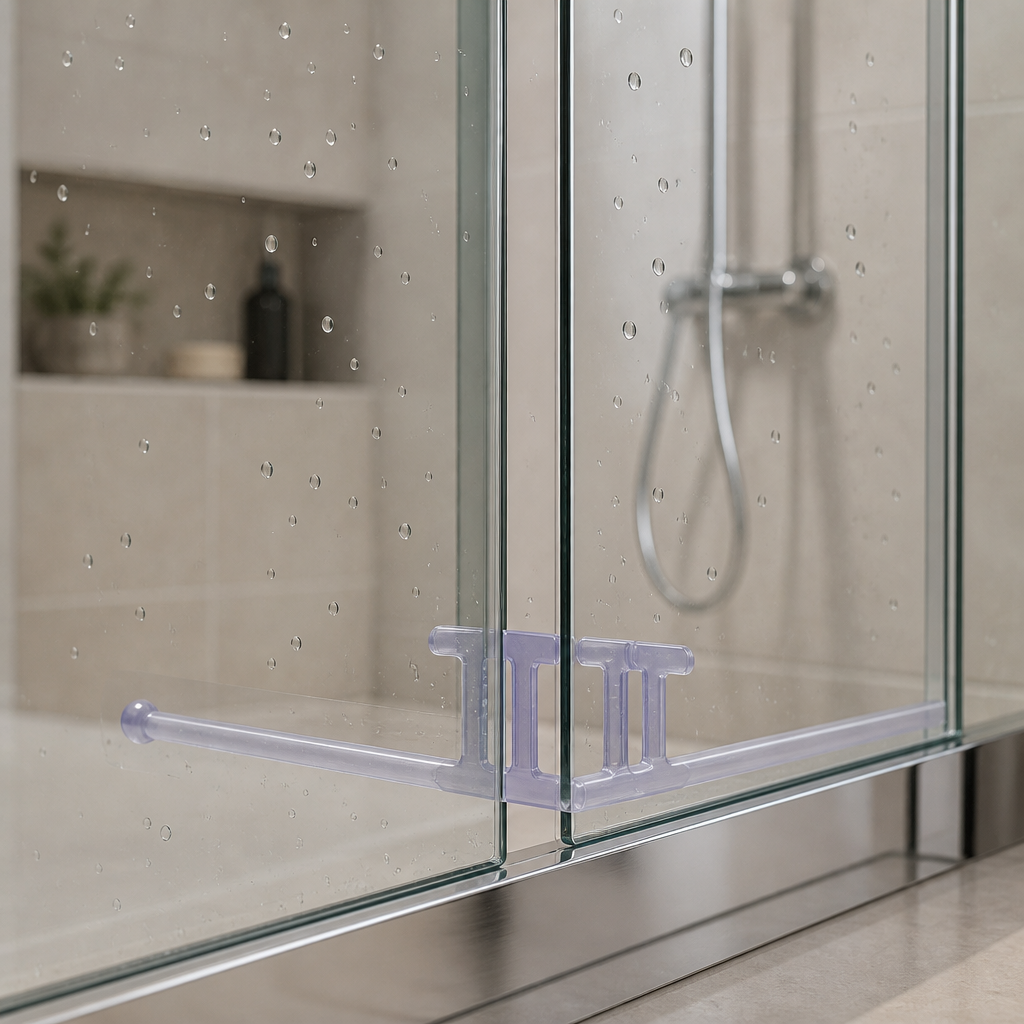 Clear tube seal with a blue-tinted cap, fitted along a glass shower door frame edge.