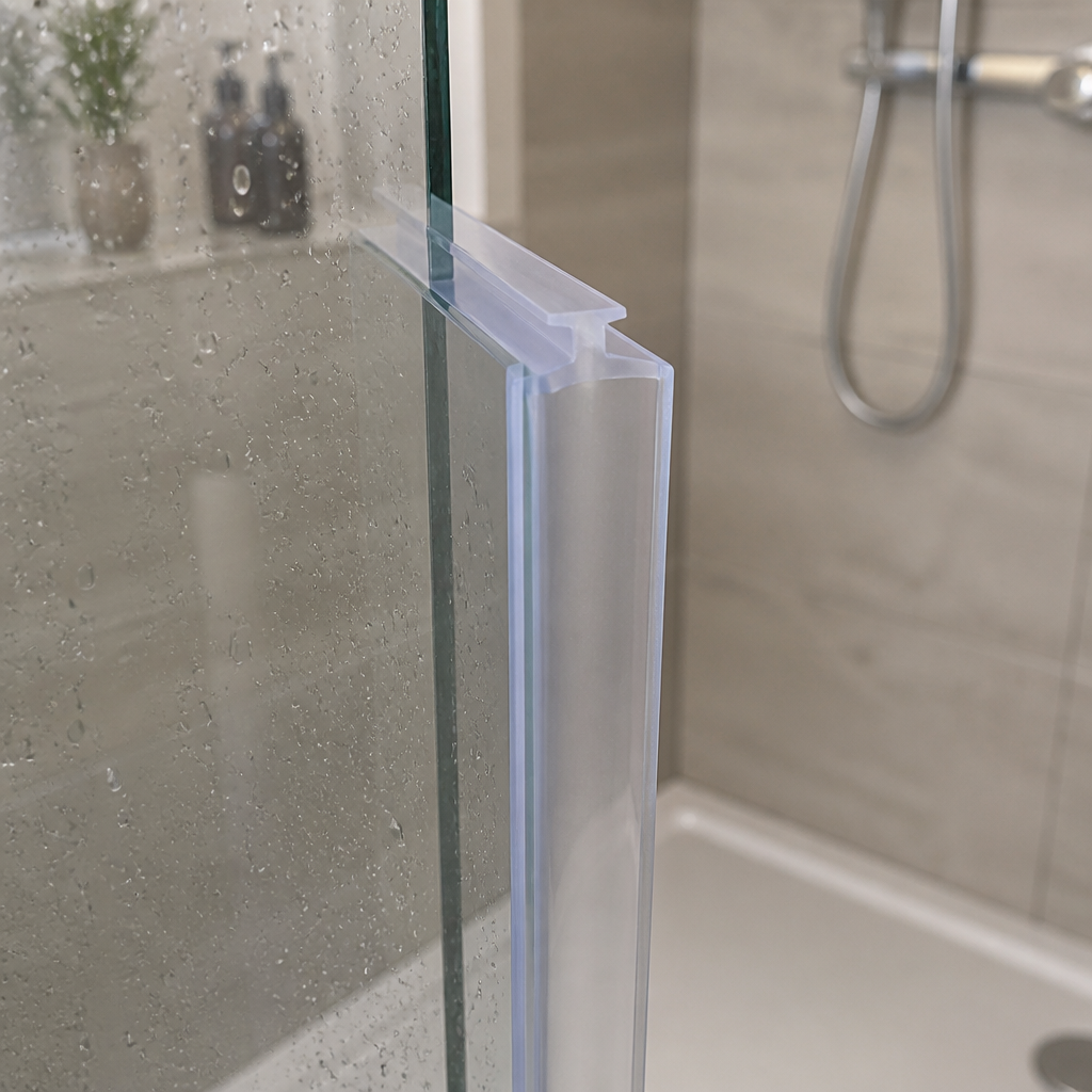 Clear hook-profile seal fitted at a glass shower corner above a bathtub.