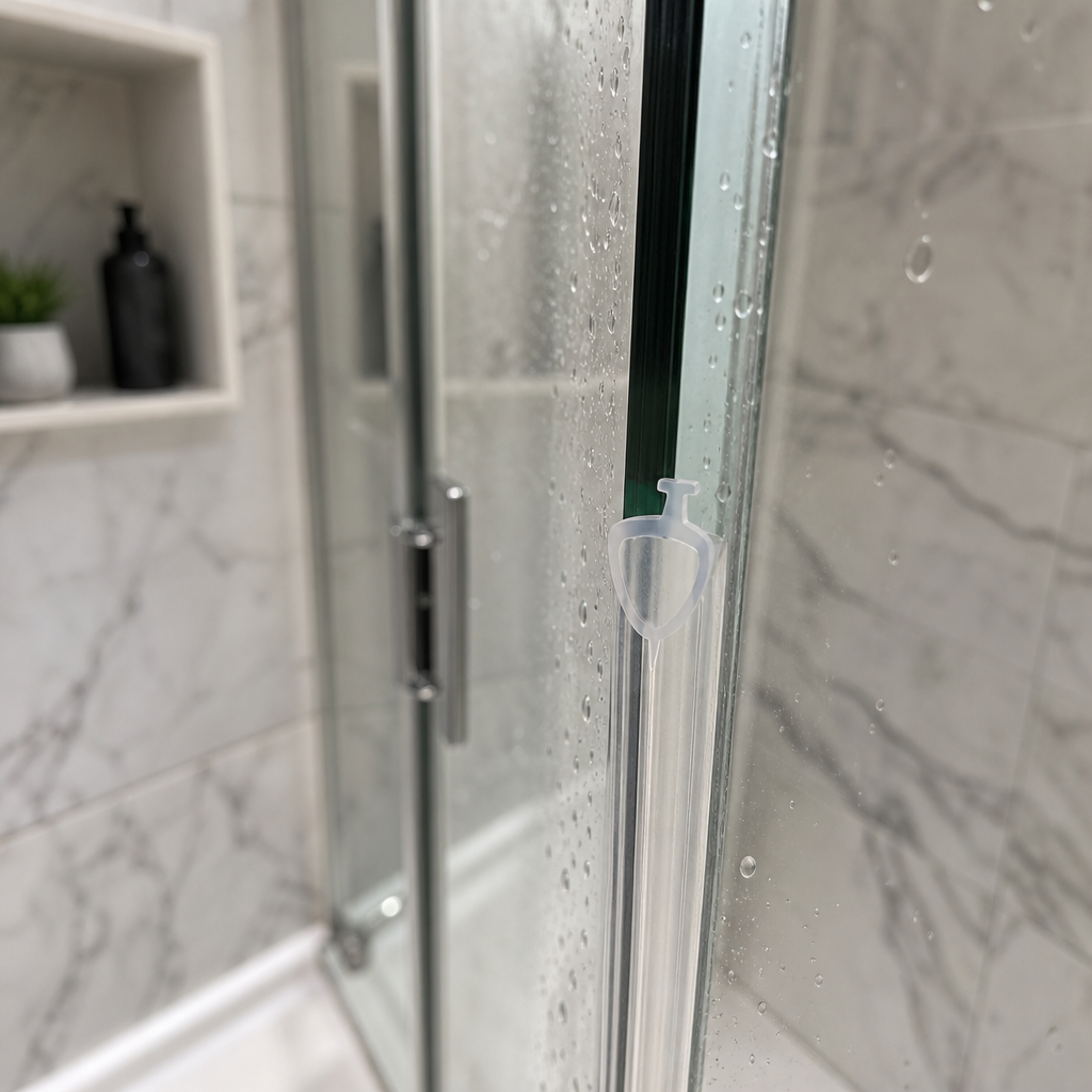 Clear oval-loop seal highlighted in purple, fitted to a shower door edge near a washbasin.