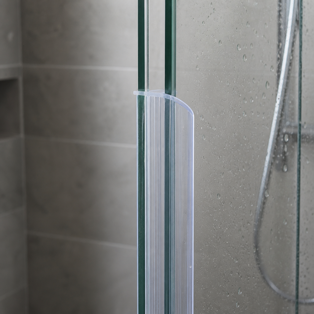 Clear seal fitted vertically along a glass shower frame edge, subtle and unhighlighted.