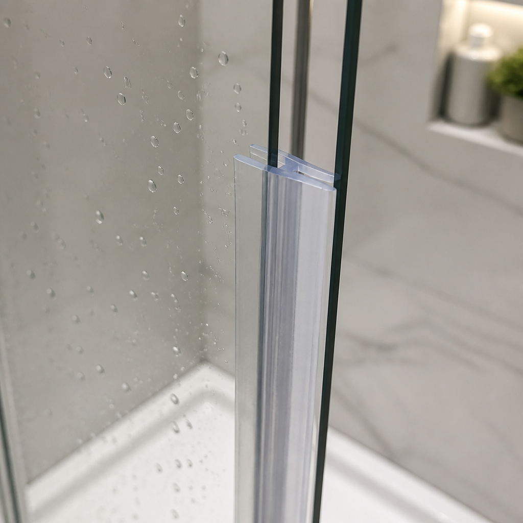 Clear seal fitted vertically between glass shower panels, tiled corner behind.