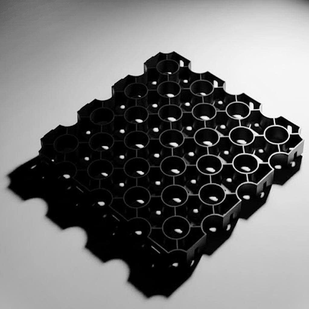 Black Ground Stabilisation Grid made from recycled plastic, designed for heavy duty use in parking areas and events.