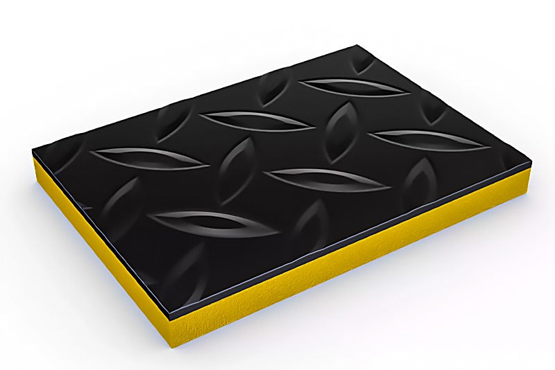 Black diamond plate-patterned anti-fatigue mat with a yellow base layer, shown at an angle. The mat's surface is slip-resistant PVC foam matting, ideal for comfort and safety in wet and dry workspaces or decks.