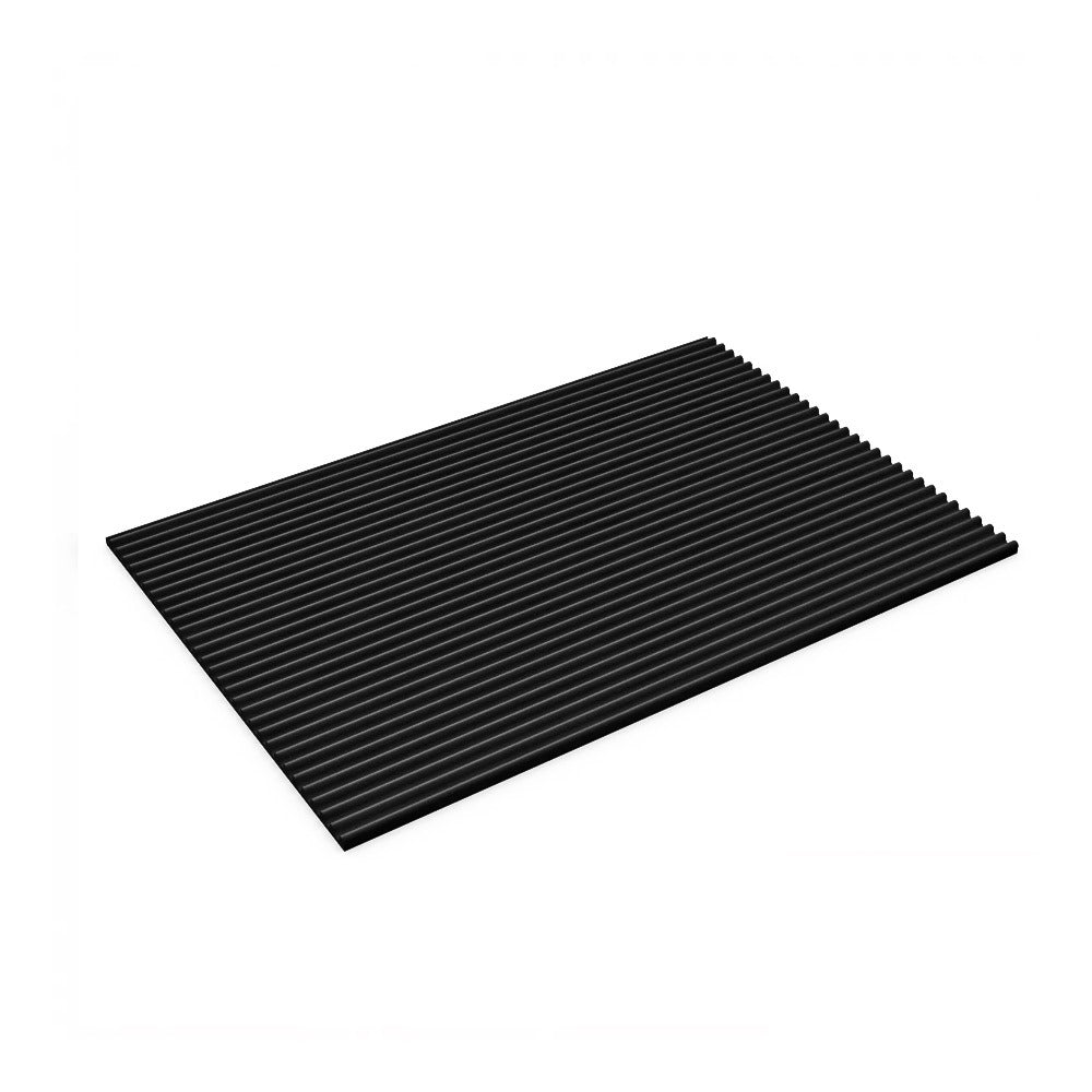 Black fine ribbed PVC matting panel, showcasing the dense, narrow corrugated pattern of the slip-resistant surface. This matting is sold as a 1m x 25m roll and is chemical and oil resistant for industrial and commercial flooring applications.