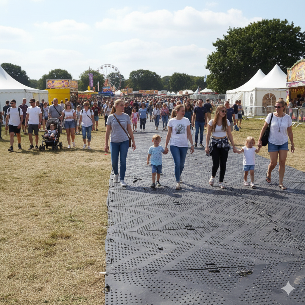 Black heavy-duty HDPE ground protection matting laid across a grassy field, serving as an event walkway to manage large crowds and protect delicate turf at outdoor festivals.