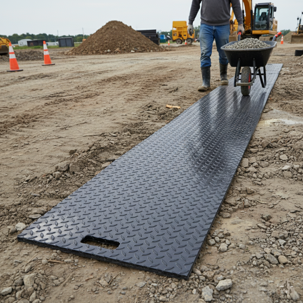 Black non-slip access mat with hand holes for easy handling