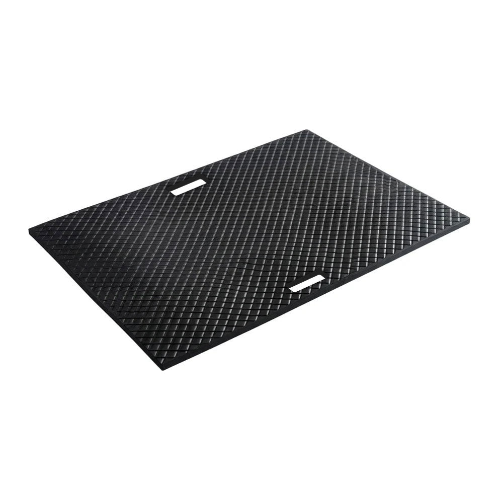 Black plastic ground protection mat with grip surface