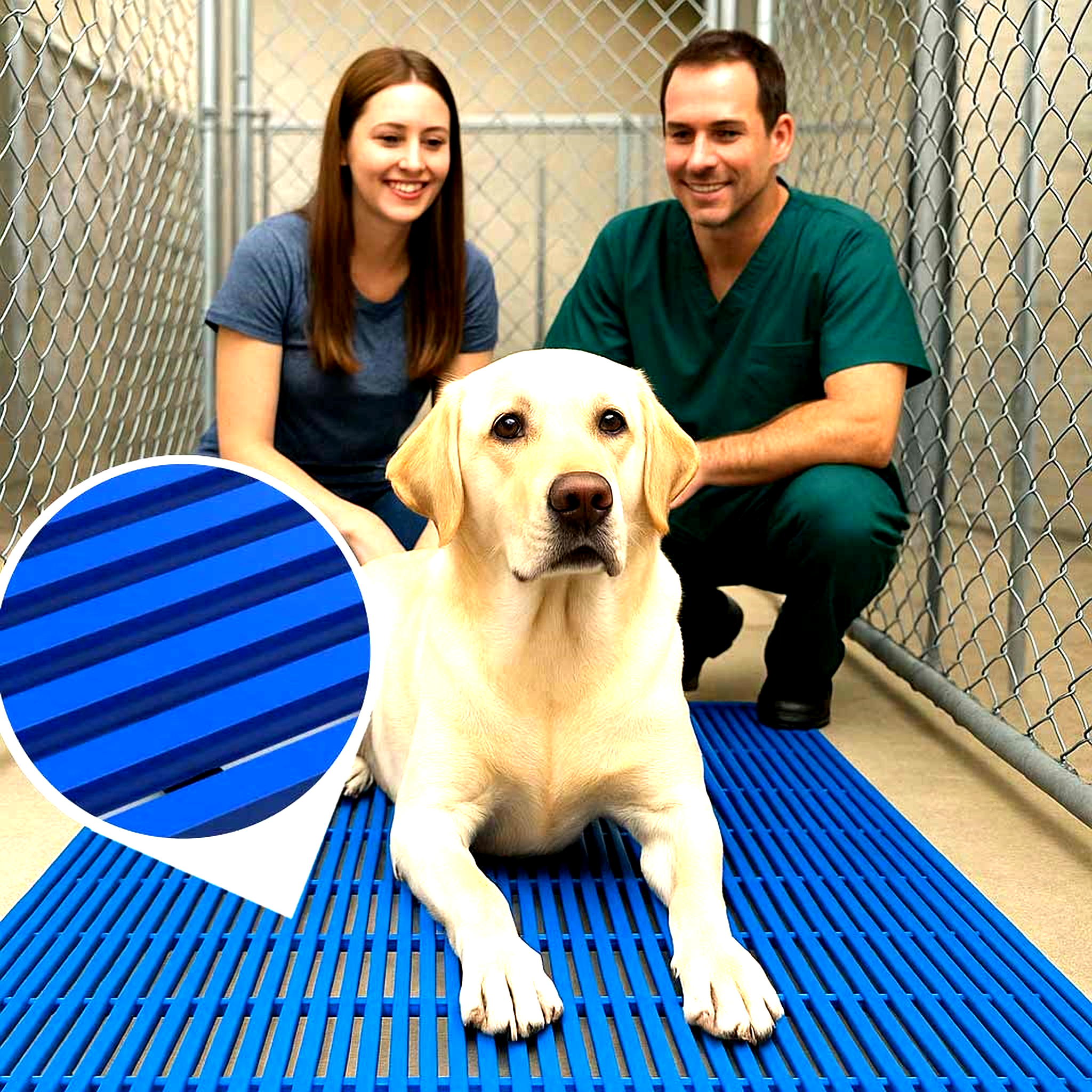 Blue HVD Cushioned Animal Cage Matting providing a comfortable, safe, and hygienic kennel floor for a Labrador. The cushioned surface is ideal for dog care facilities, shelters, and veterinary clinics.