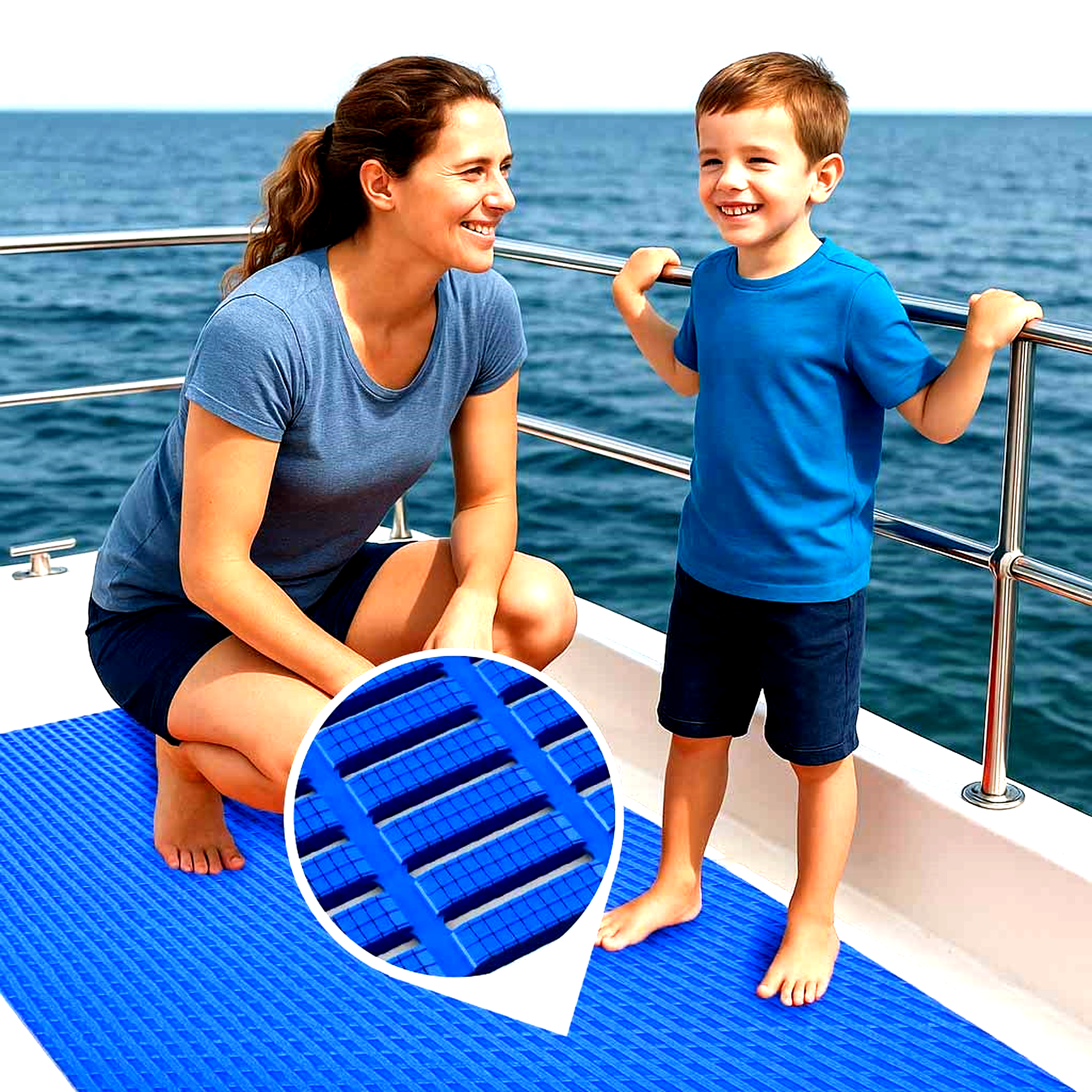 Blue Lightweight Non-Slip Matting used as outdoor deck flooring on a boat. The mat provides anti-fatigue standing comfort and a hygienic drainage floor for barefoot safety in wet areas.