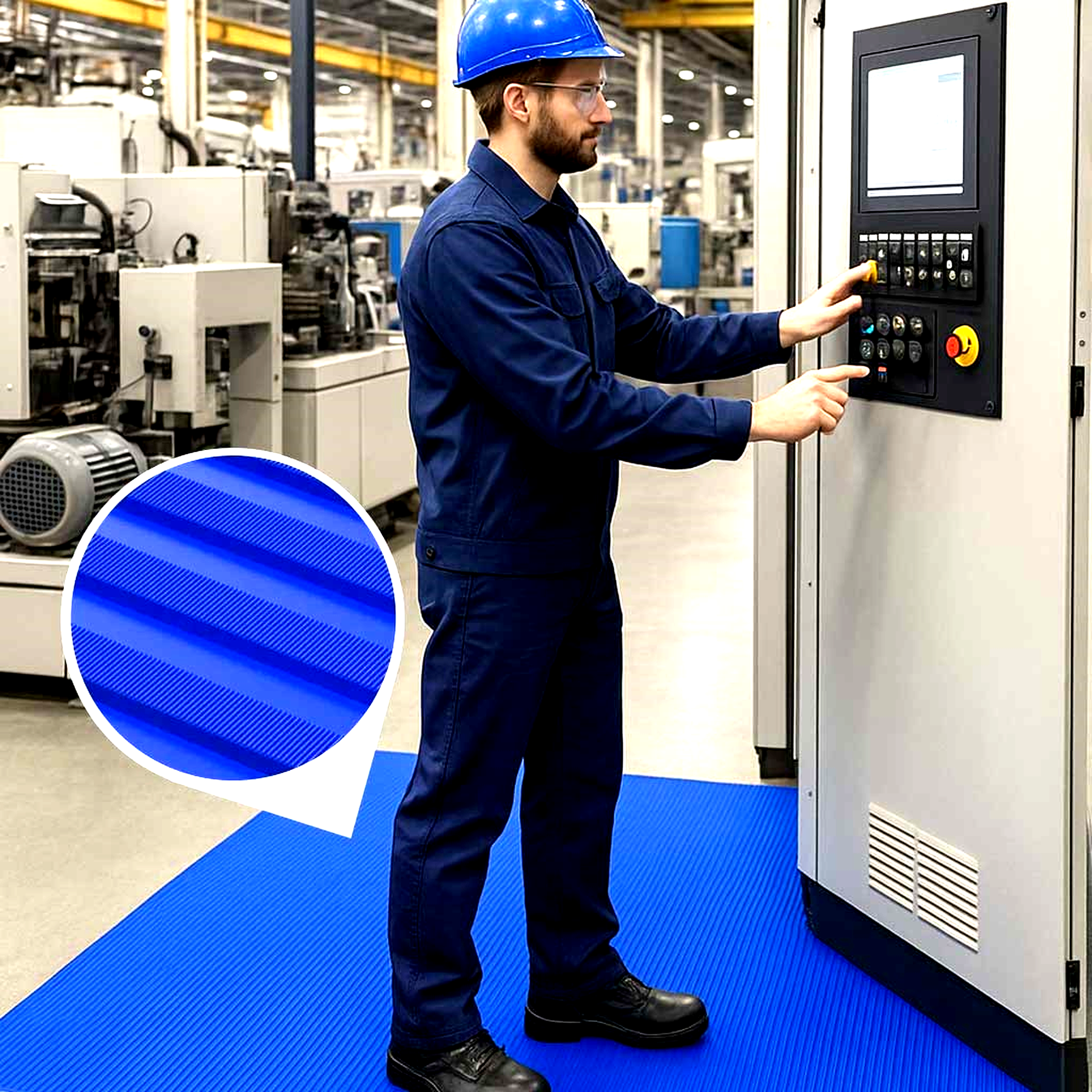 Blue and grey ribbed electrical insulation matting providing a non-slip rubber safety floor for industrial workspaces. Factory workers stand on the durable and oil-resistant mat while operating machinery and control panels, ensuring high voltage protection at the workstation.