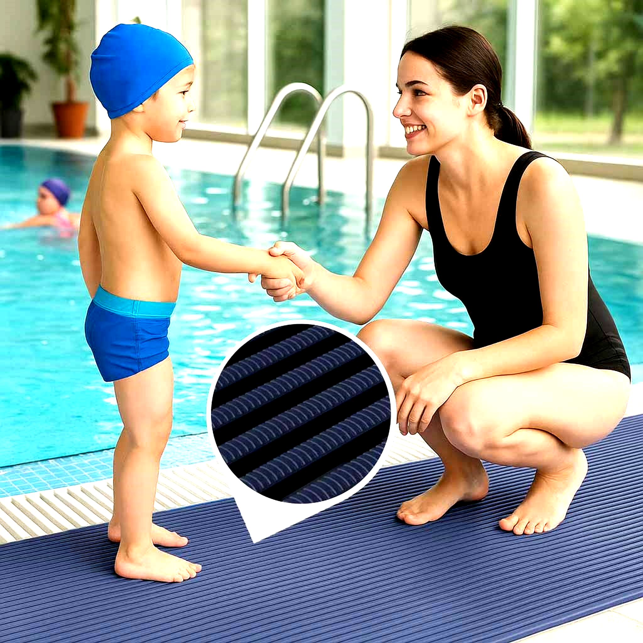 Blue ribbed High-Traffic Pool and Wet Areas Safety Mat providing a non-slip surface for a child and adult next to a pool. Inset shows the textured surface.