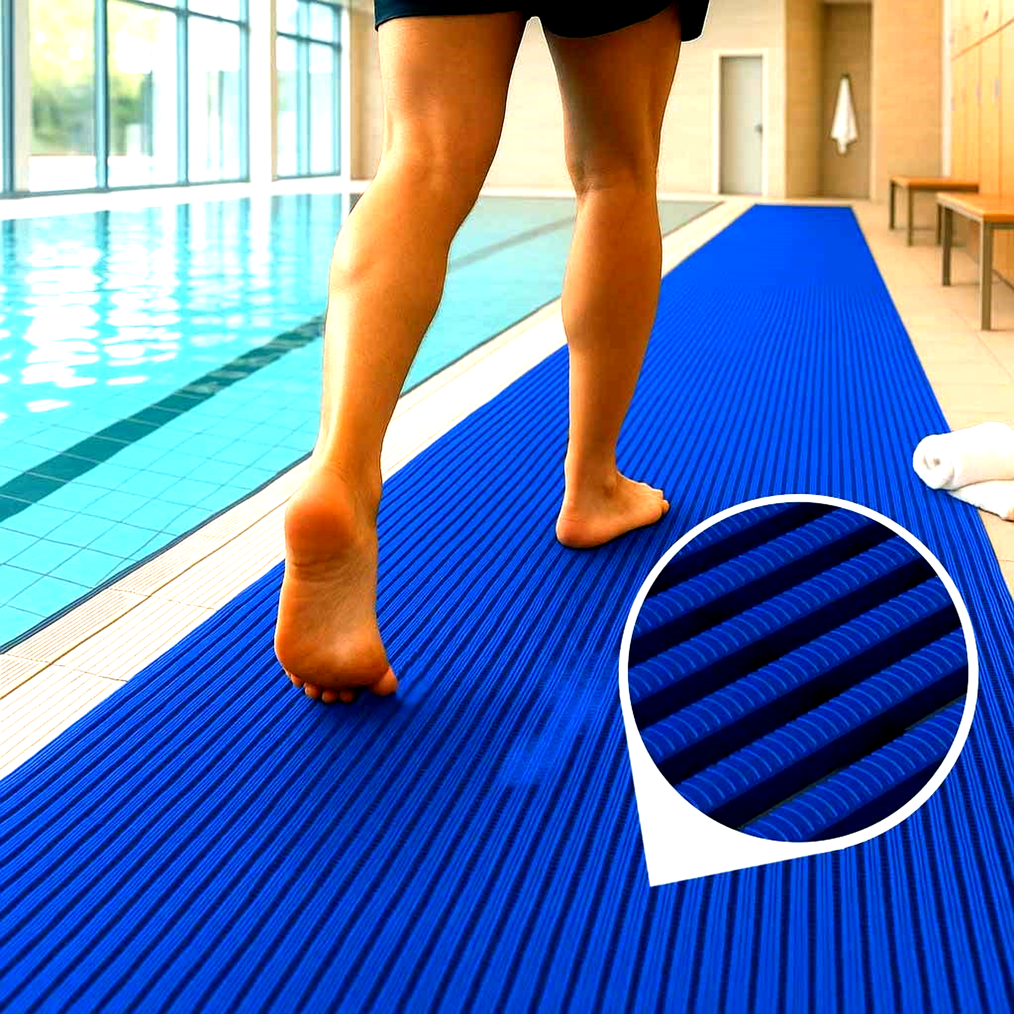 Blue ribbed High-Traffic Pool and Wet Areas Safety Mat providing non-slip protection between a swimming pool and changing room area.
