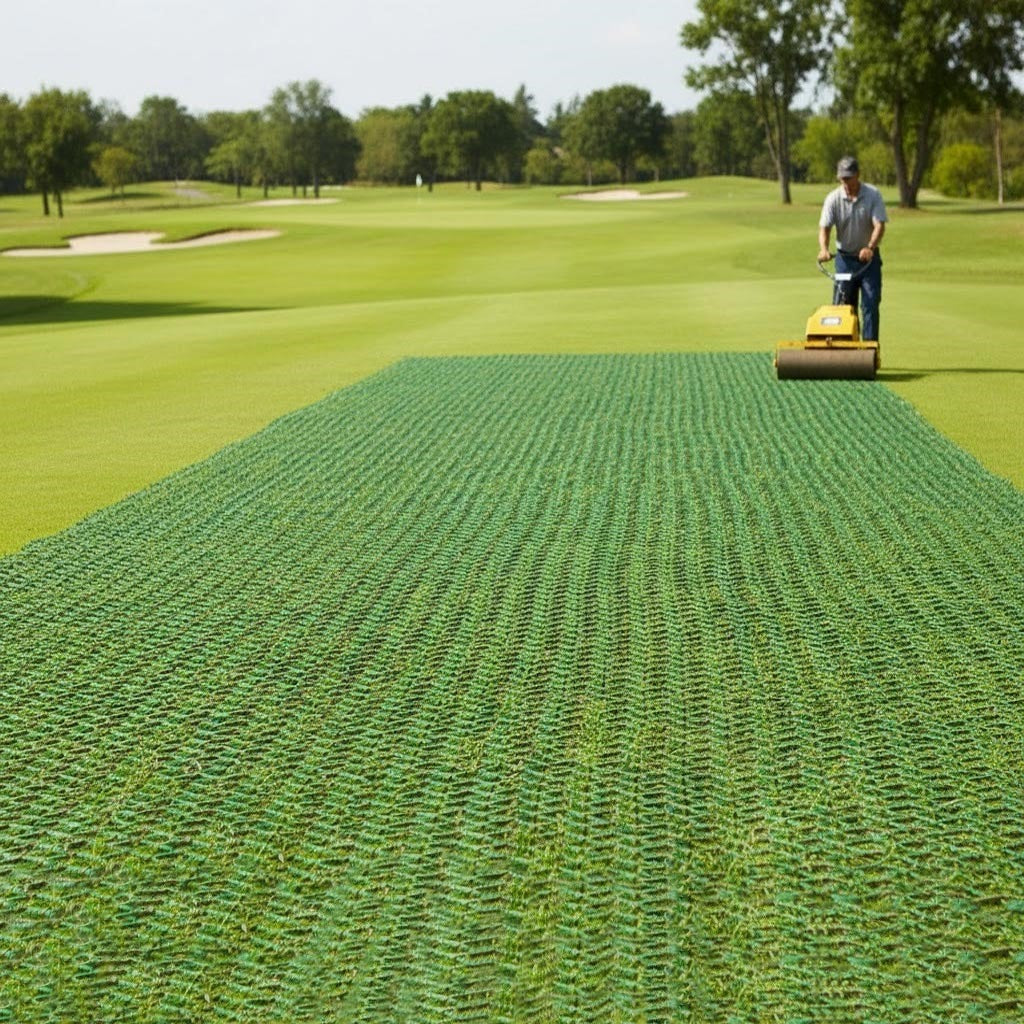 Close-up of Grass Protection Mesh being installed by a lawn roller on a turf area, showing the heavy-duty, 9mm thickness plastic net for non-slip ground stabilization.