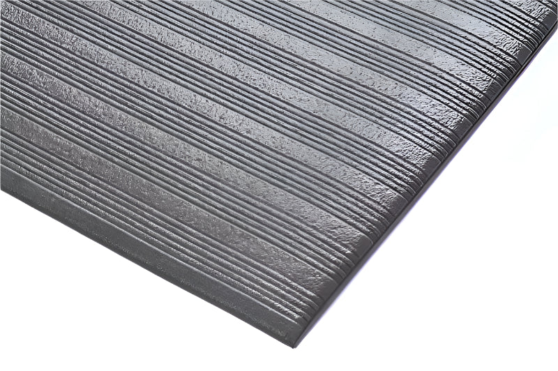 Close-up of a dark grey anti-slip mat with a textured ribbed surface. The image highlights the detailed construction of the industrial floor matting.