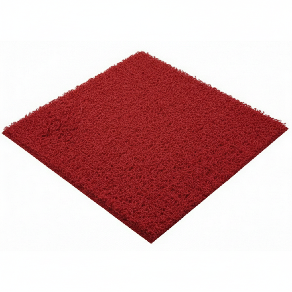 Close-up of a heavy-duty red vinyl spaghetti mat, highlighting the anti-slip looped texture ideal for high-traffic and industrial areas.