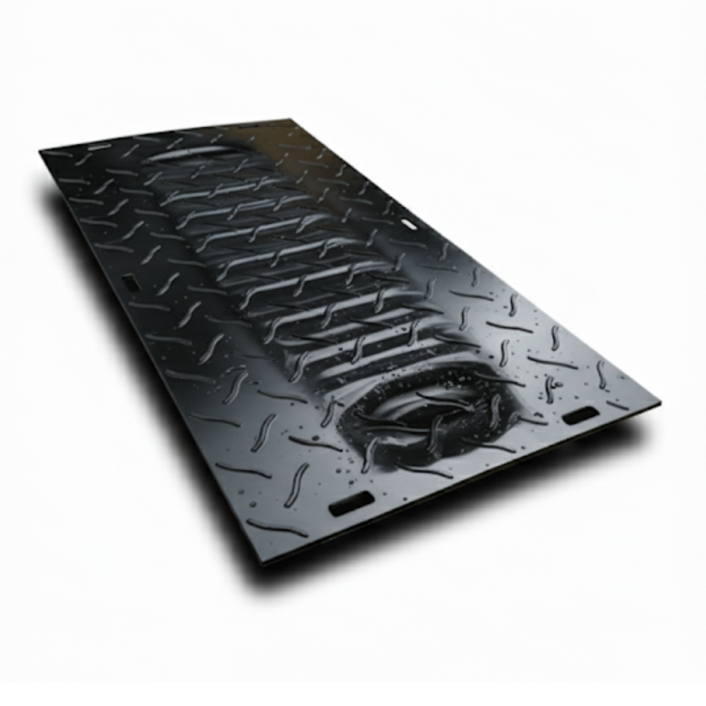 Close-up of non-slip surface texture on recycled polyethylene ground protection mat