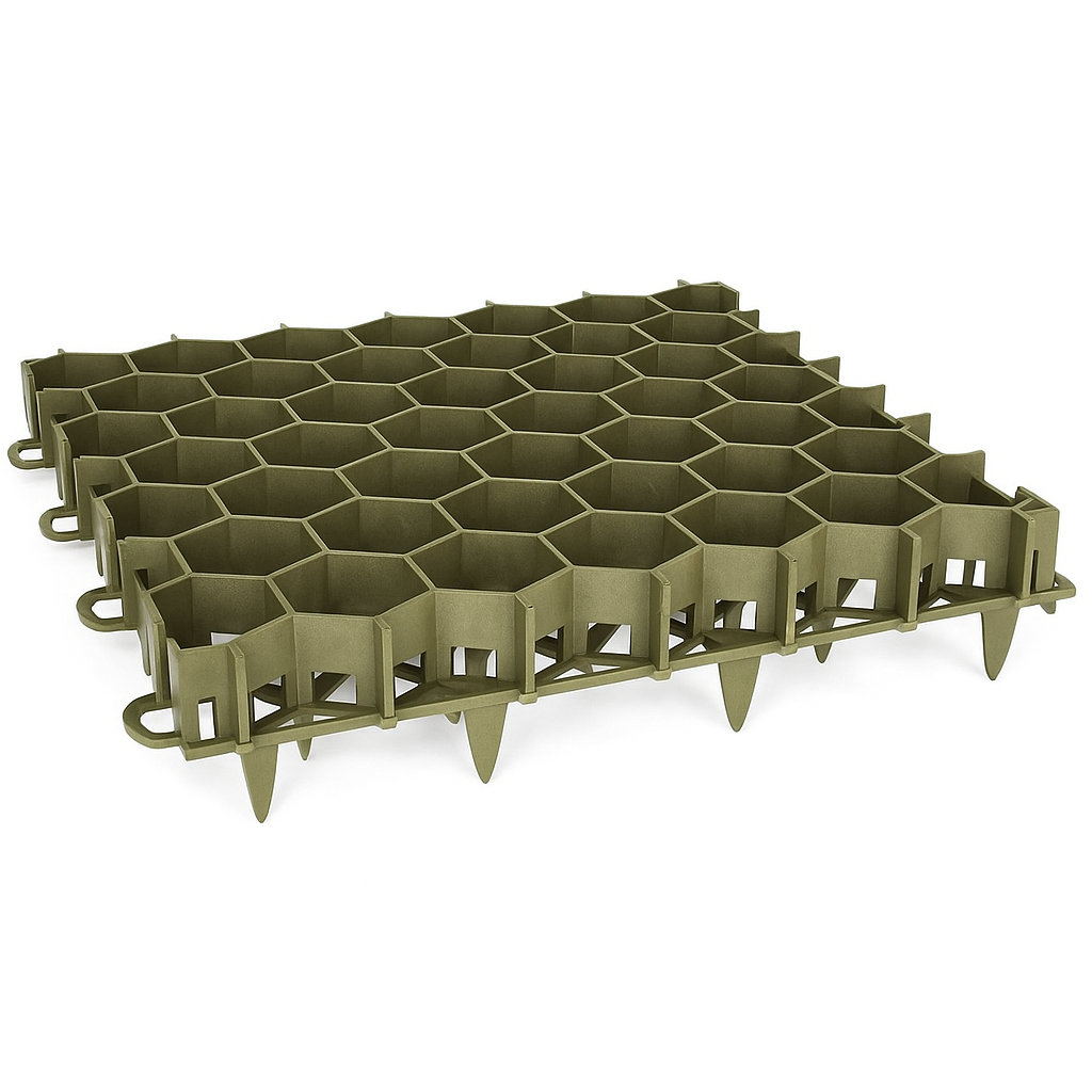 Close-up view of a new recycled plastic ground reinforcement grid, showing the heavy-duty, interlocking, hexagonal design for excellent soil stabilization.