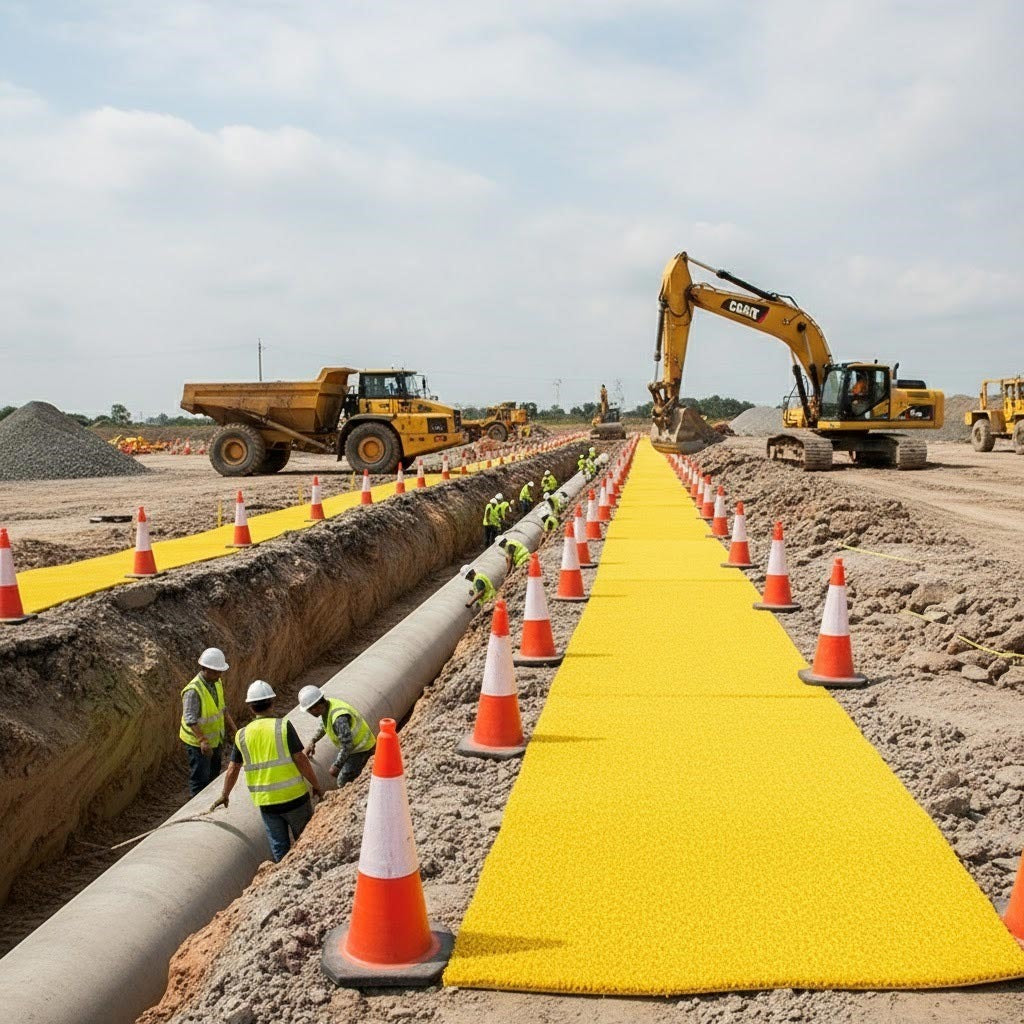 Construction site trenching for utility pipes using a bright yellow Site Spaghetti Mat as a 12m x 1.2m anti-slip walkway, ensuring secure footing and pedestrian safety around dump trucks and excavators.