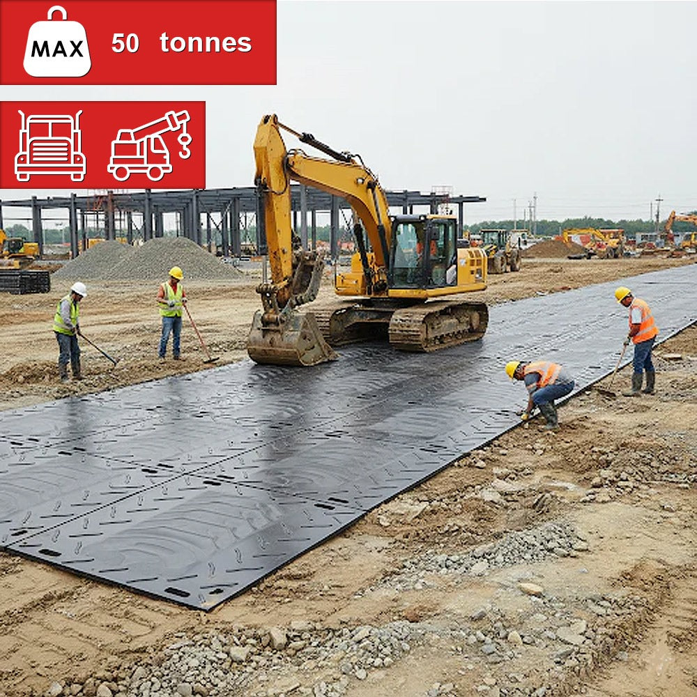 Construction site using heavy duty access mats for vehicle trackway and ground protection