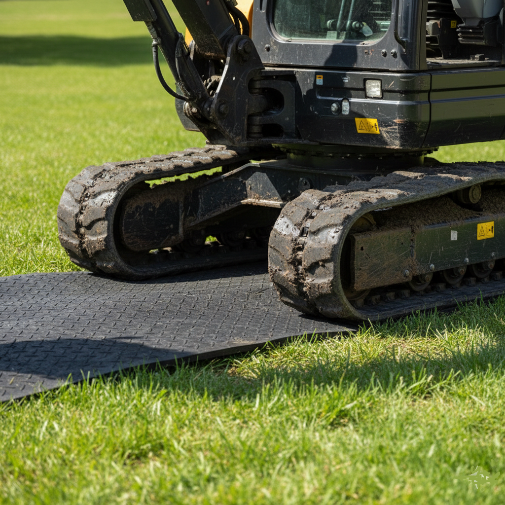 Construction vehicles driving over single sided HDPE mat for safe site access