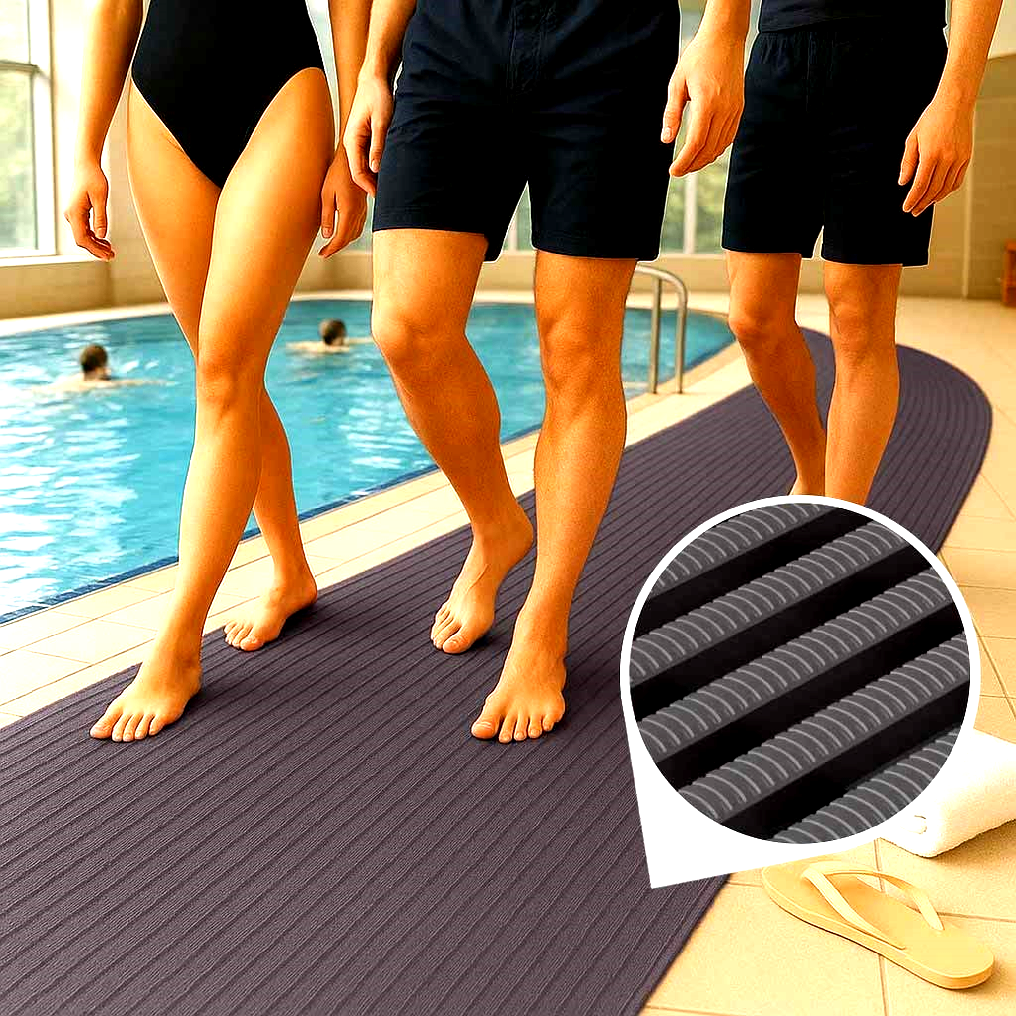 Dark gray ribbed High-Traffic Pool and Wet Areas Safety Mat providing a continuous non-slip walkway for swimmers in a high-traffic pool environment.