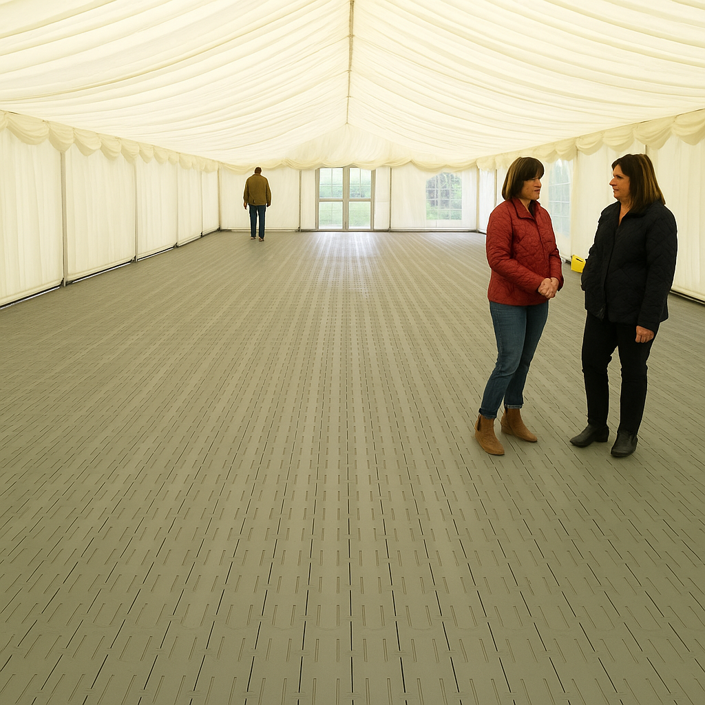 Durable anti-slip event flooring panels with self-draining surface