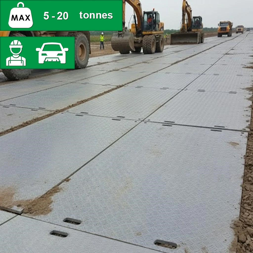 Durable, diamond-plate textured ground protection mats connected to create a temporary roadway or work platform for construction and infrastructure maintenance, ideal for eco-sensitive areas.