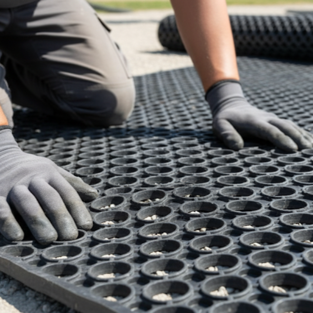 Durable eco-friendly rubber mat installed on lawn surface