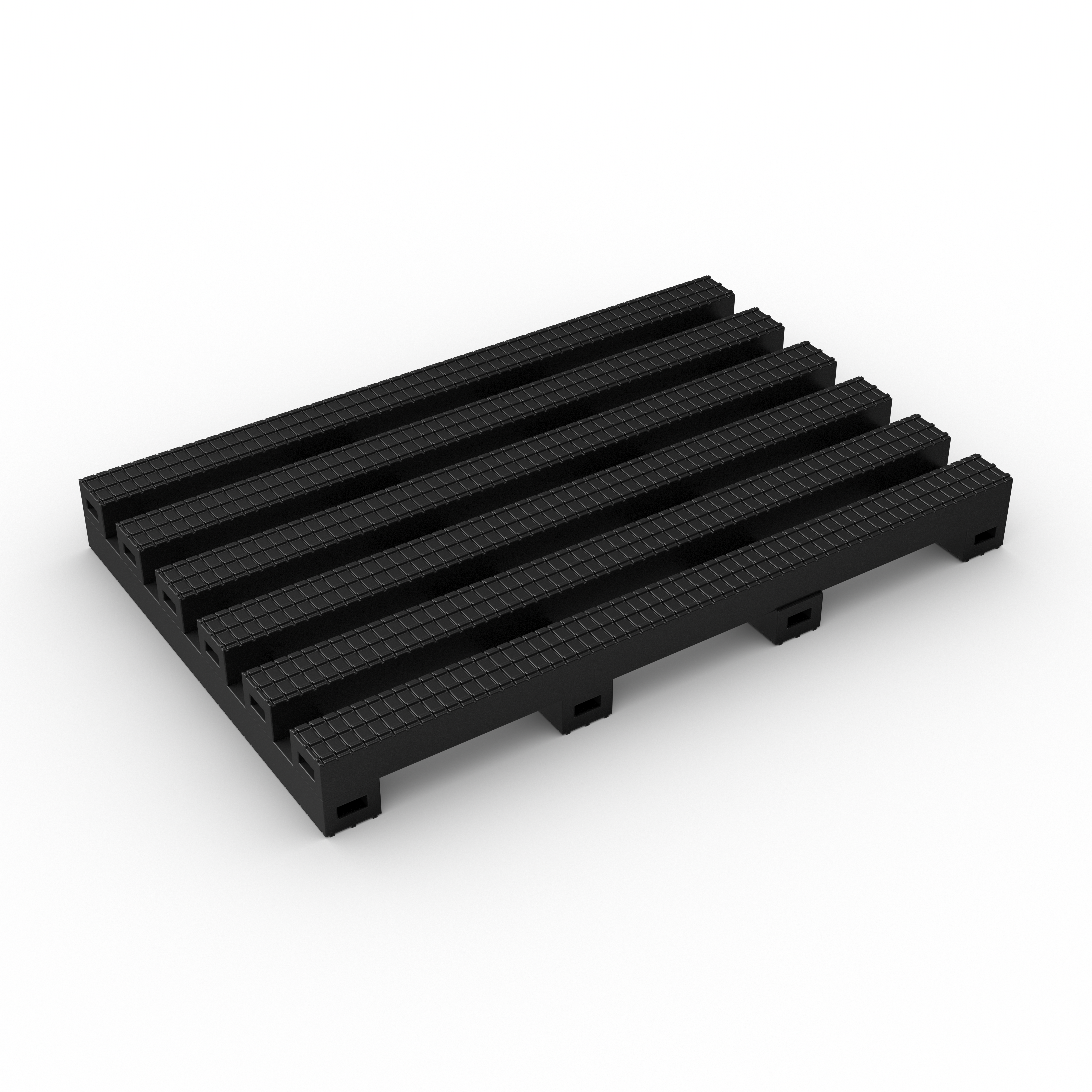 Durable, elevated black mat designed as Slip Resistant and Anti Fatigue Workplace Mat. Its slatted construction promotes optimal flow-through for water and debris, making it ideal for wet industrial environments.