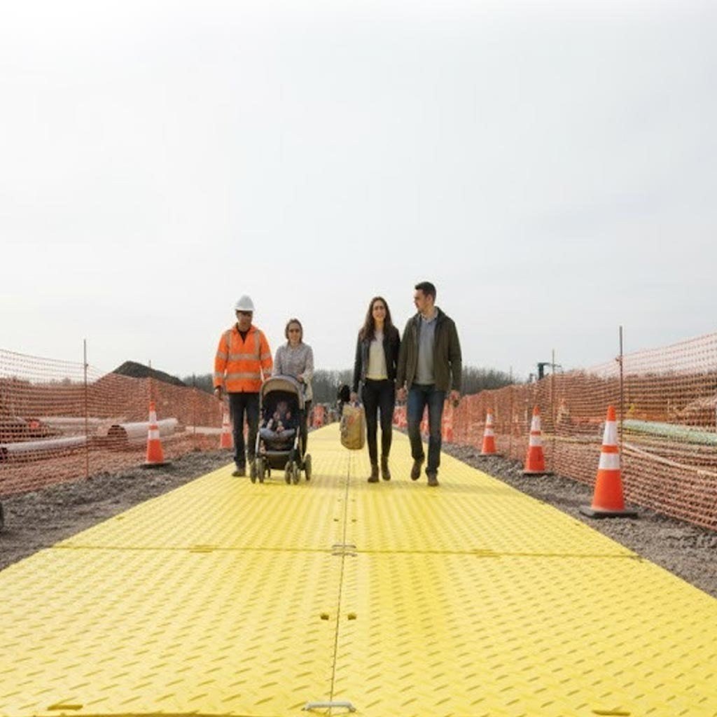 Durable, non-slip yellow portable flooring creating a temporary sidewalk or event pathway for foot traffic.
