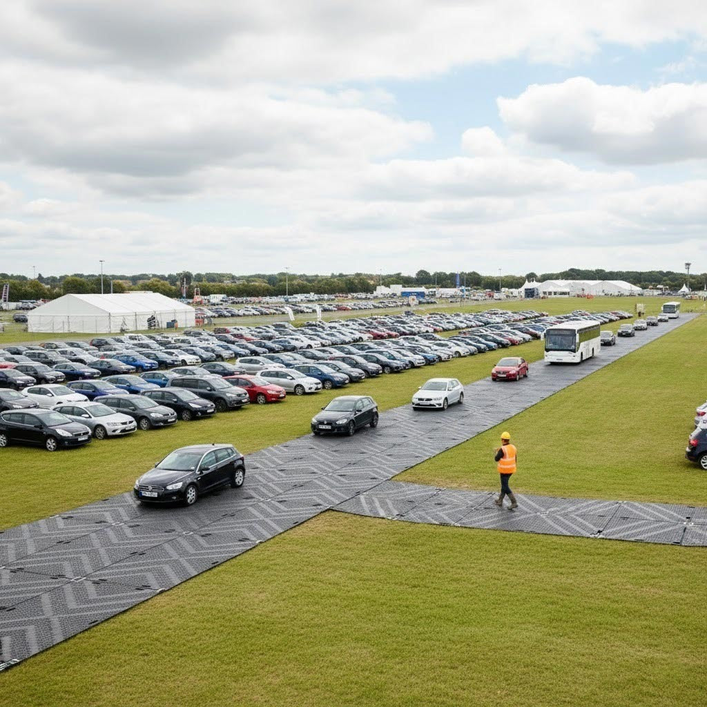 Event flooring and ground stabilization mats used to create a safe, durable temporary car park for a bus and hundreds of cars on a green field, preventing damage and allowing smooth, anti-slip access.