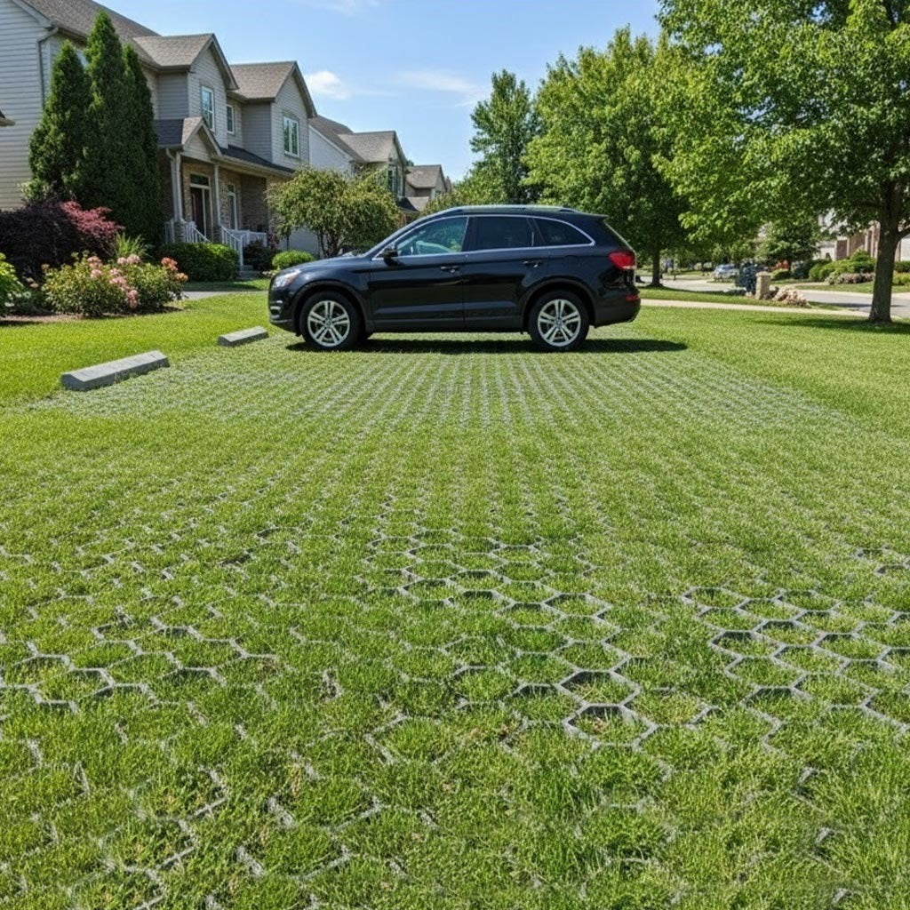 Grass grid installation stabilizing a residential lawn for medium-duty vehicle traffic, ensuring a sustainable and well-drained green surface.