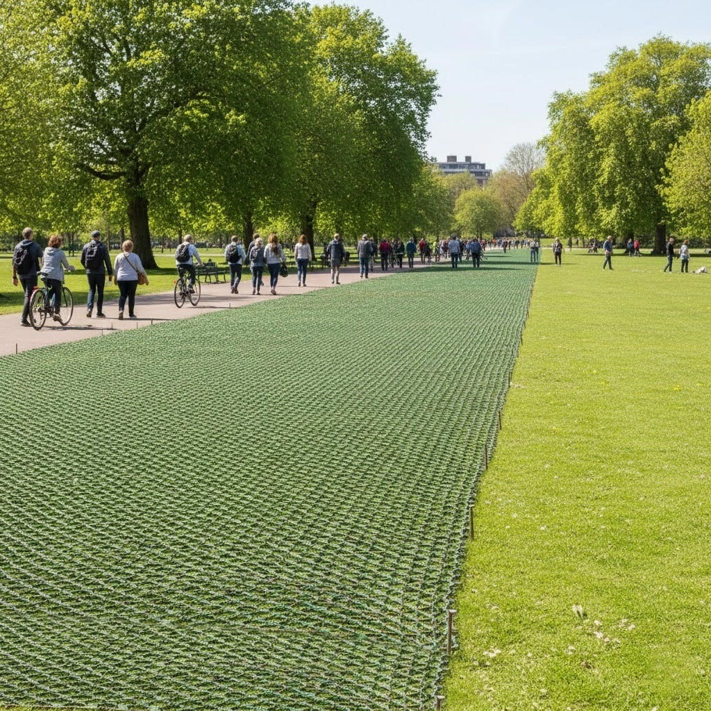 Green Grass Protection Mesh (9mm) installed alongside a paved walkway in a high-traffic public park, reinforcing turf with a heavy-duty, non-slip surface against foot traffic.
