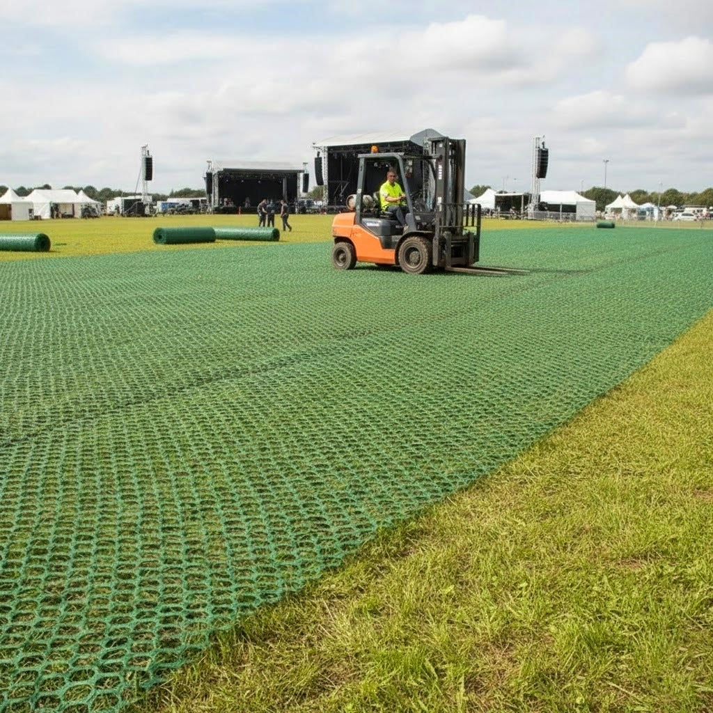 Green Grass Protection Mesh being rolled out by a forklift to stabilize a large field for a concert, showing the heavy-duty, 9mm thickness required for vehicle non-slip ground reinforcement.