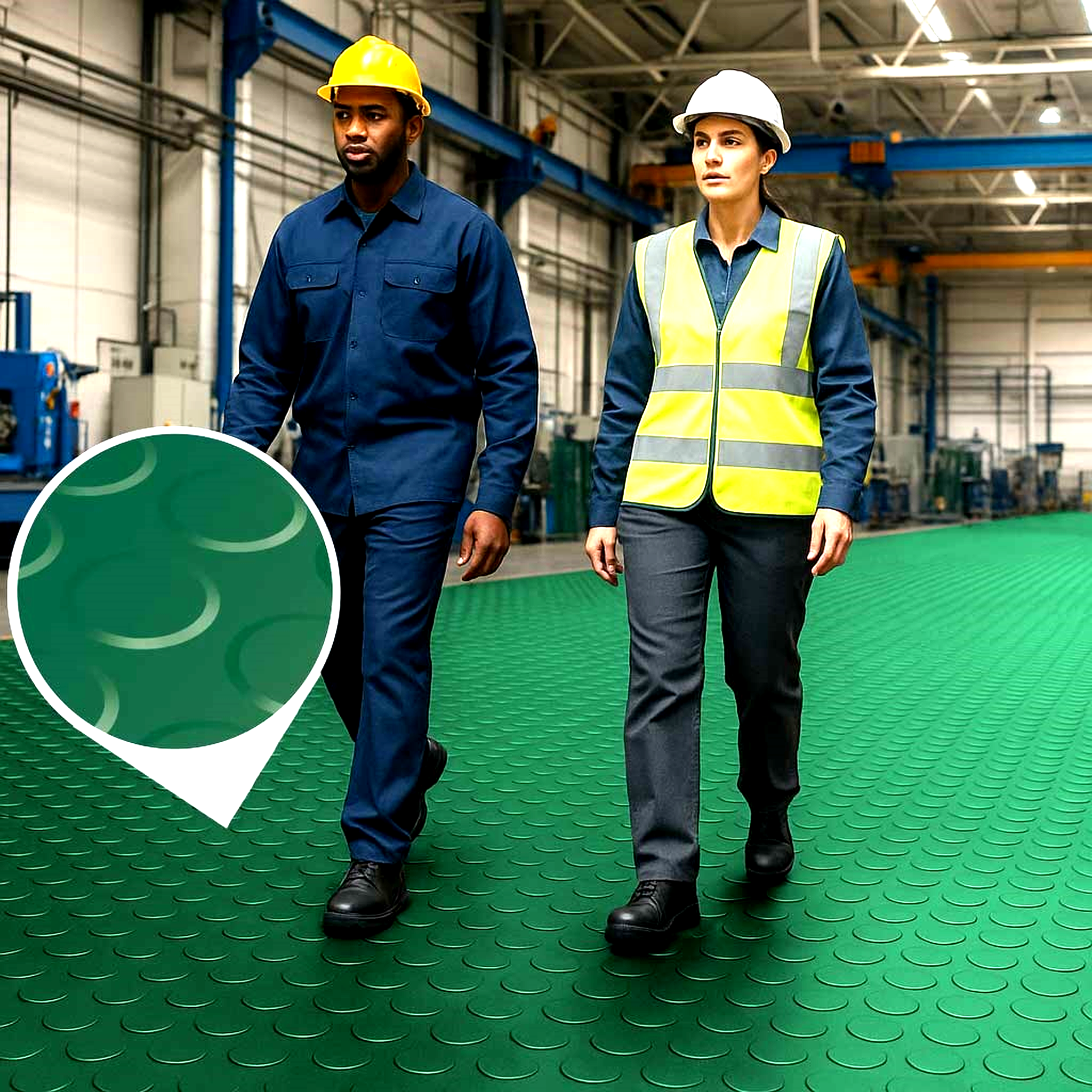 Green, coin-pattern rubber electrical insulation matting for industrial workspace, non-slip, durable, and oil-resistant with high voltage protection.
