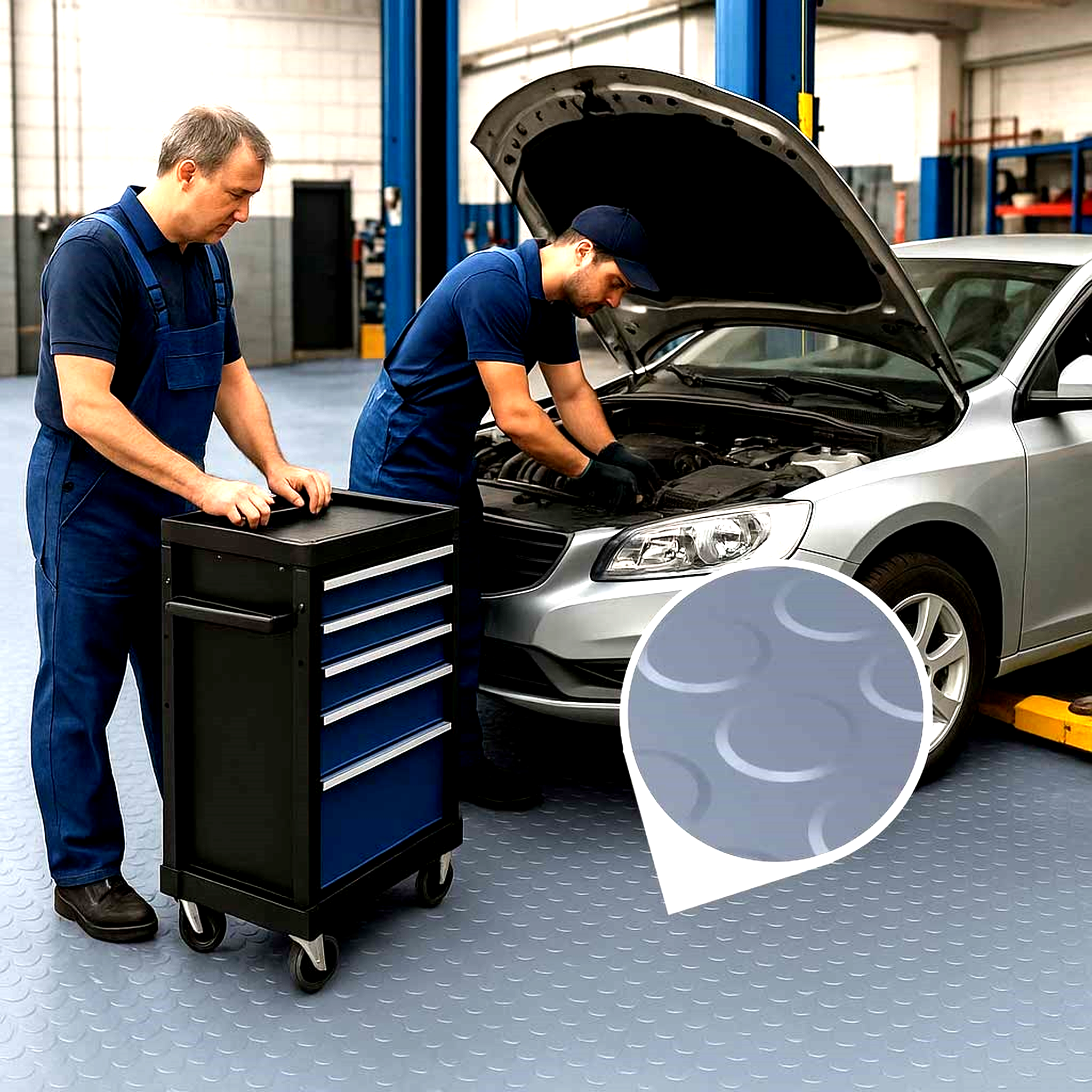 Grey, coin-pattern rubber electrical insulation matting for garage and machinery, durable, non-slip, and oil-resistant.