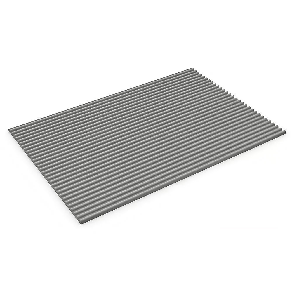 Grey fine ribbed PVC matting panel, showcasing the dense, narrow corrugated pattern of the slip-resistant surface. This matting is sold as a 1m x 25m roll and is chemical and oil resistant for industrial and commercial flooring applications.