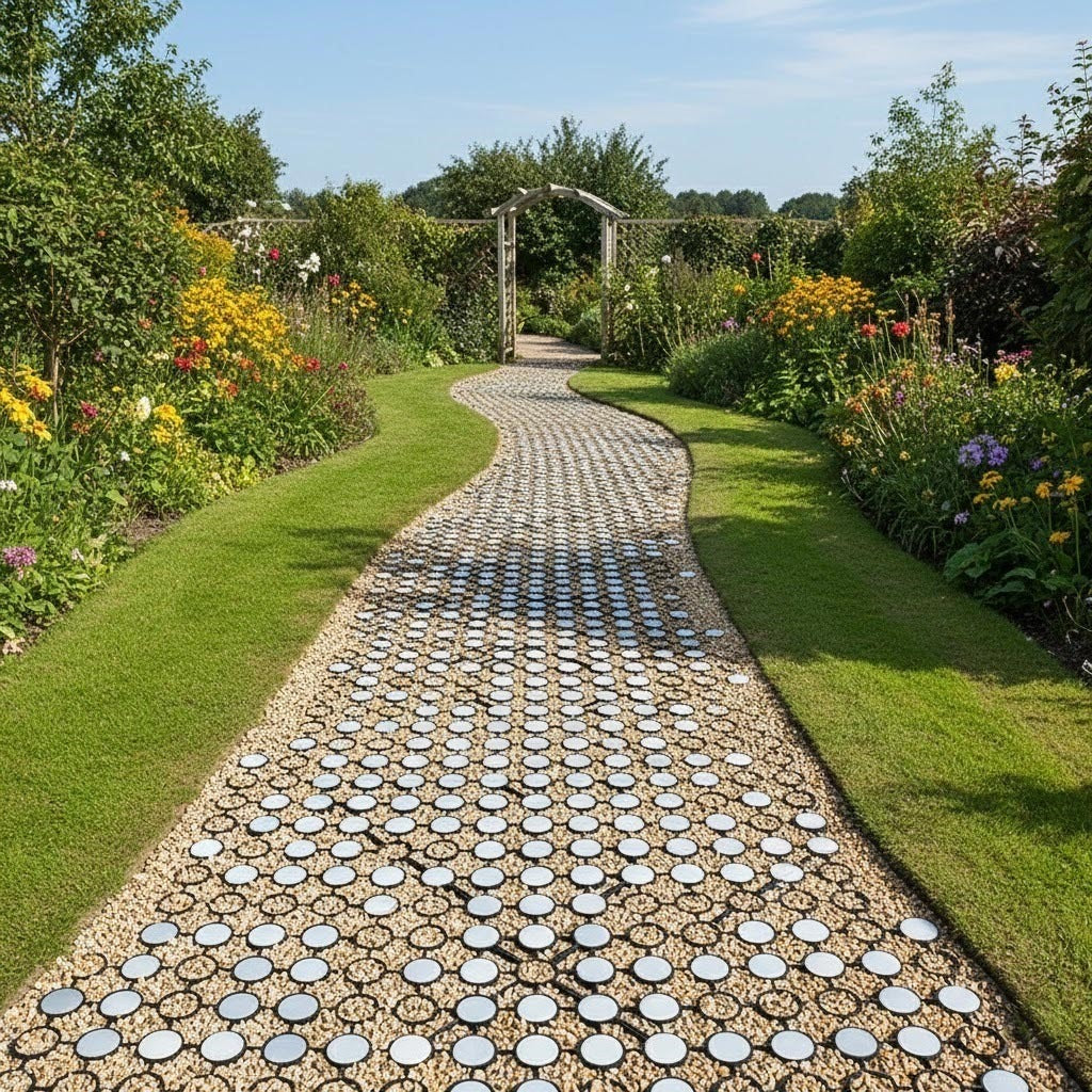 Ground Stabilisation Grid - Heavy duty recycled black plastic grid forming a pathway in a lush garden, ideal for grass reinforcement and creating stable surfaces.
