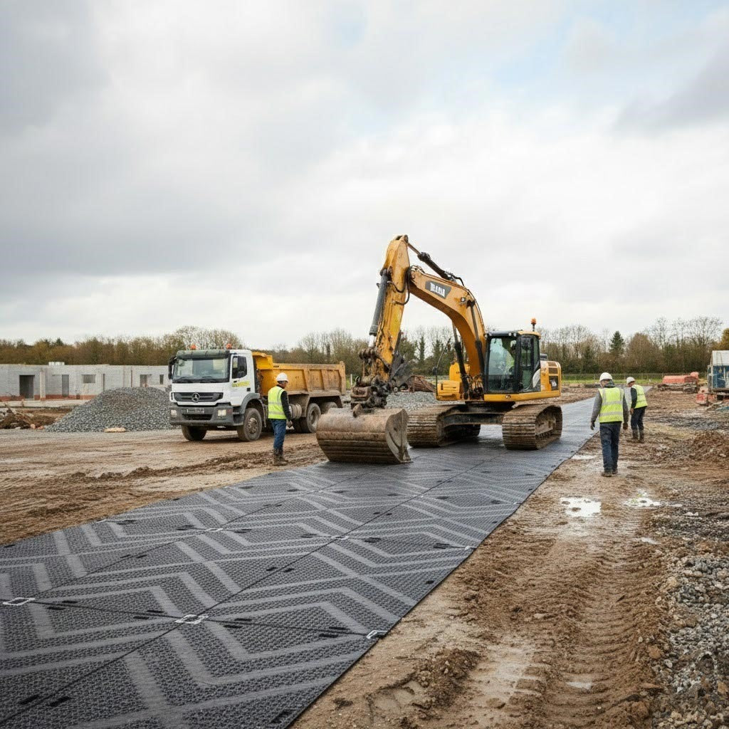 HDPE ground protection mats (approx. 2400x1200mm) forming a robust, anti-slip temporary roadway on a construction site, supporting heavy machinery like an excavator and truck while safeguarding the underlying ground.