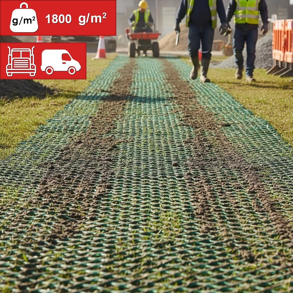 Heavy-duty Grass Protection Mesh 2m x 20m x 13mm 1800g/m2 installed for ground reinforcement and stabilization, showing a close-up of the anti-slip green/brown plastic grid.