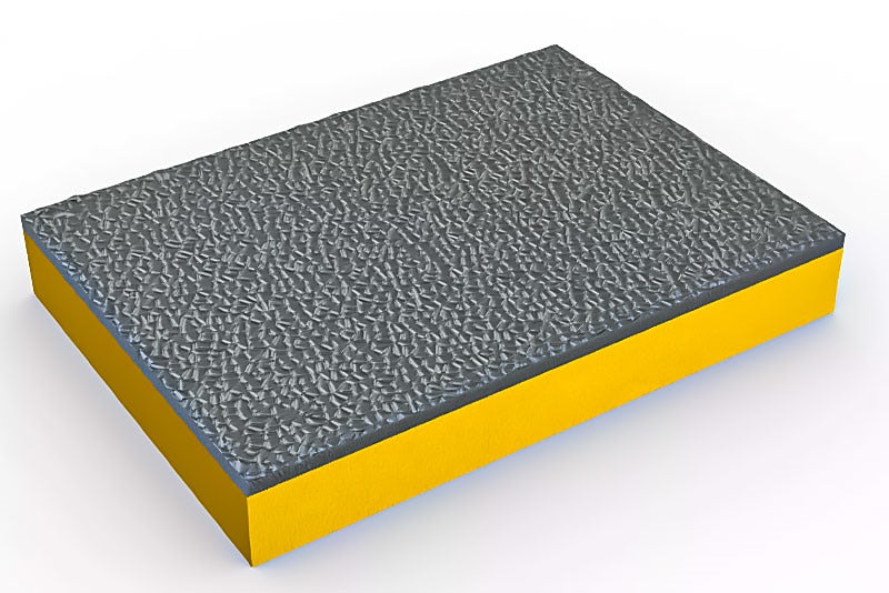 Heavy-duty anti-fatigue mat sample, angled to show its two-layer construction: a thick dark grey top layer with a pebbled, non-slip, wear-resistant texture bonded to a thick, bright yellow PVC foam base layer for cushioned support. Ideal for workstations, garages, and industrial use.