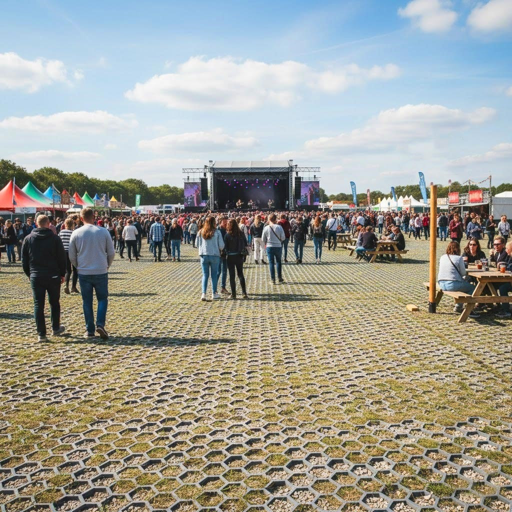 Heavy-duty grass grids providing stable, permeable ground reinforcement for a large outdoor music festival or event area with a crowd and stage visible.